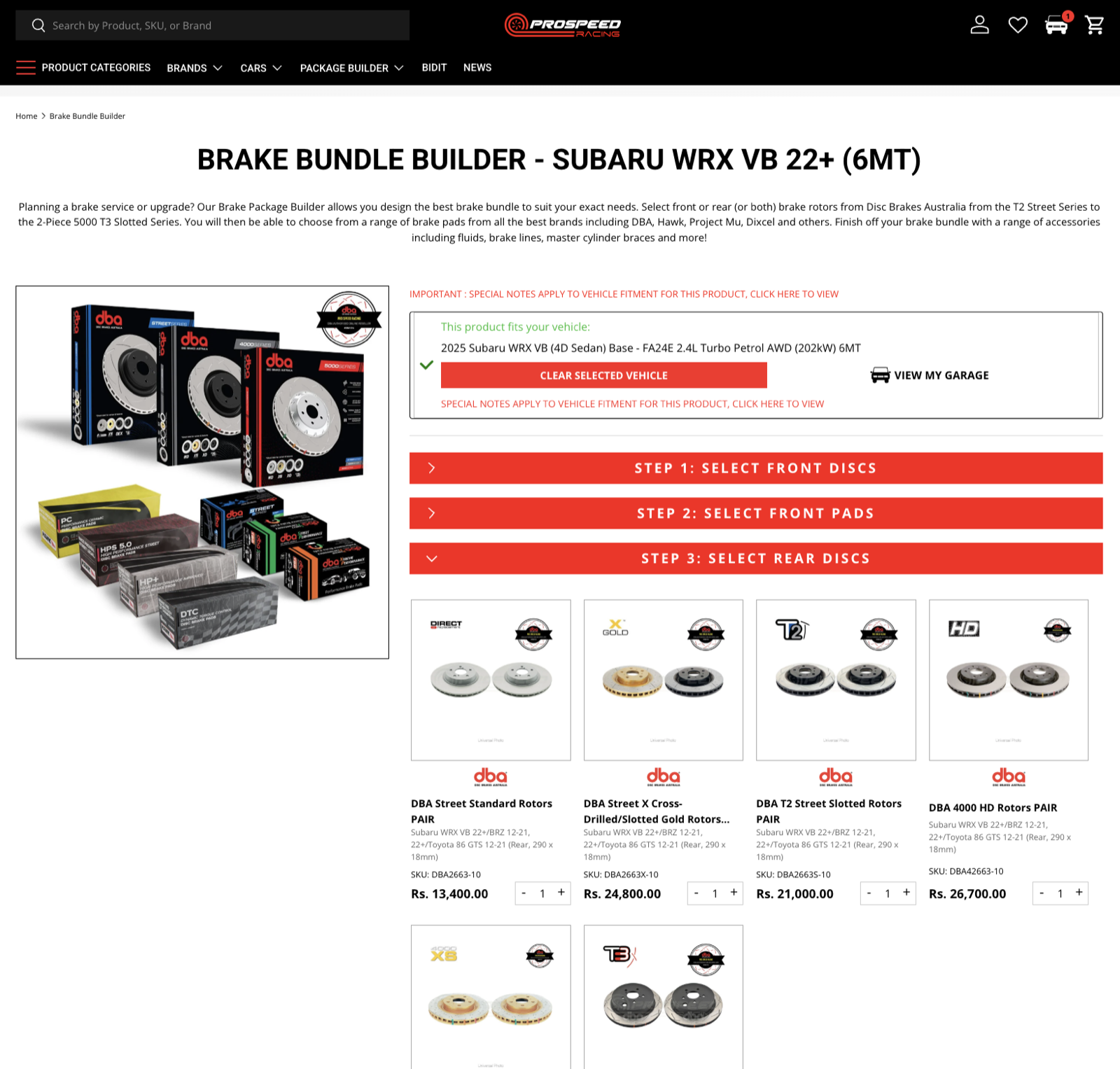 ProSpeed Racing brake bundle builder, showing step-by-step disc and pad selection for a specific vehicle